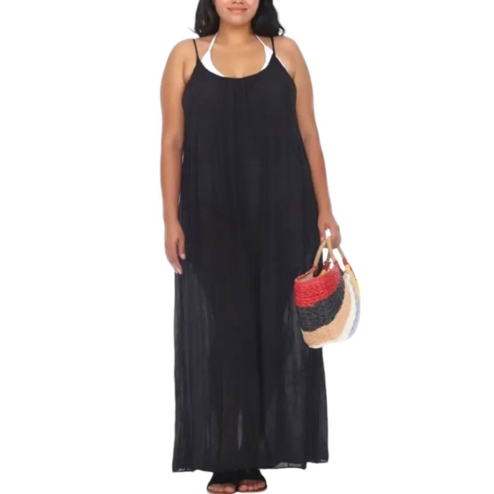 RAVIYA Black long Strappy Plus Size Swimsuit cover dress